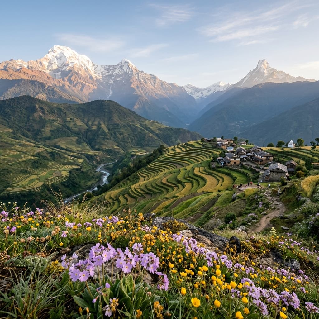Stunning Nepal terraced valleys and Himalayan landscape with wildflowers background